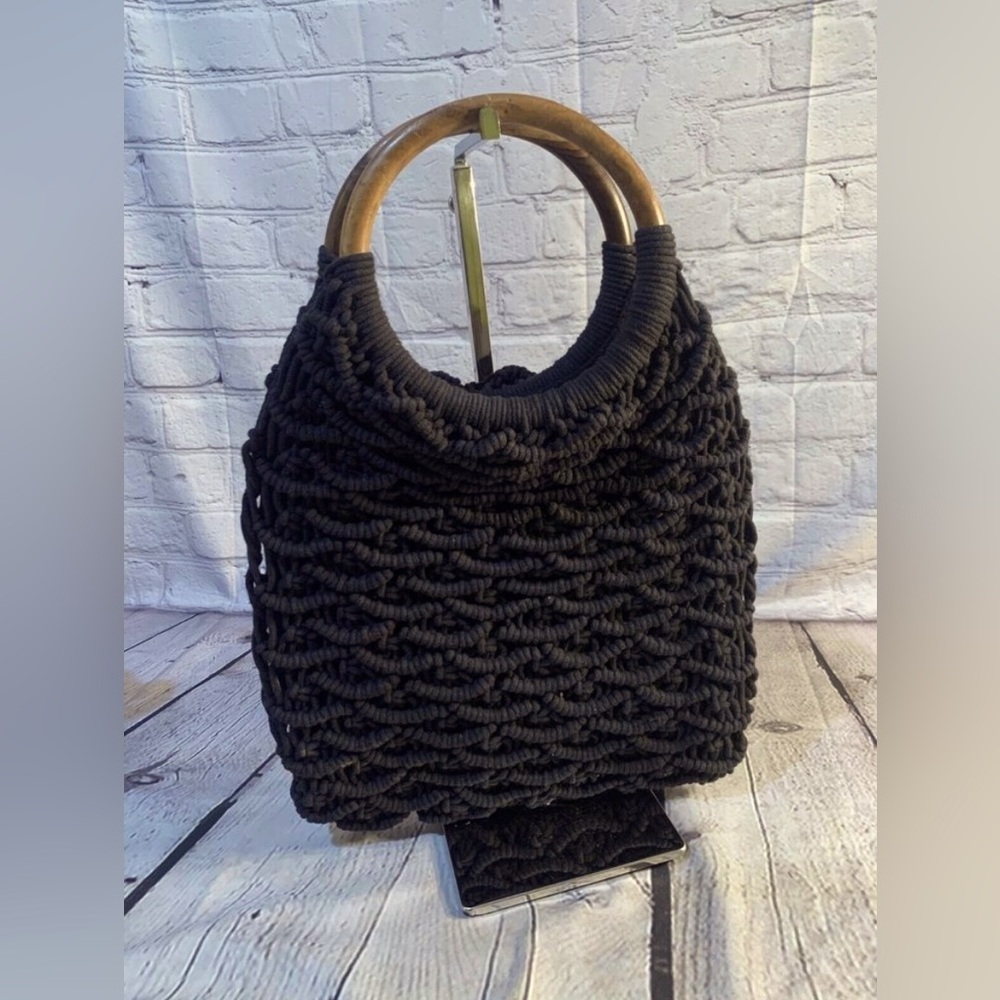 Sigrid Olsen, Black Macrame Tote Bag w/ Bamboo Handles, NWT